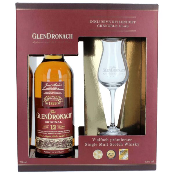 Glendronach Original 12 Jahre Geschenkset mit Stielglas "Nicht kühlgefiltert" Single Malt Scotch Whisky