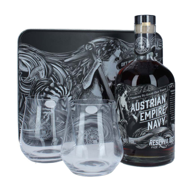Austrian Empire Navy Reserva 1863 - Rum Based Spirit Drink - Metallbox mit 2 Gläsern
