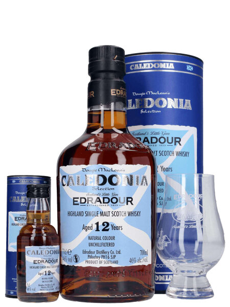 Edradour 12 Jahre - Caledonia - Single Malt Whisky + kleine Flasche + Glas