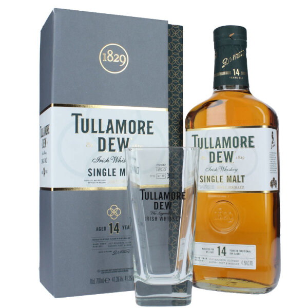 Tullamore Dew 14 Jahre & Original Tullamore Glas Irish Single Malt Whiskey Geschenkset